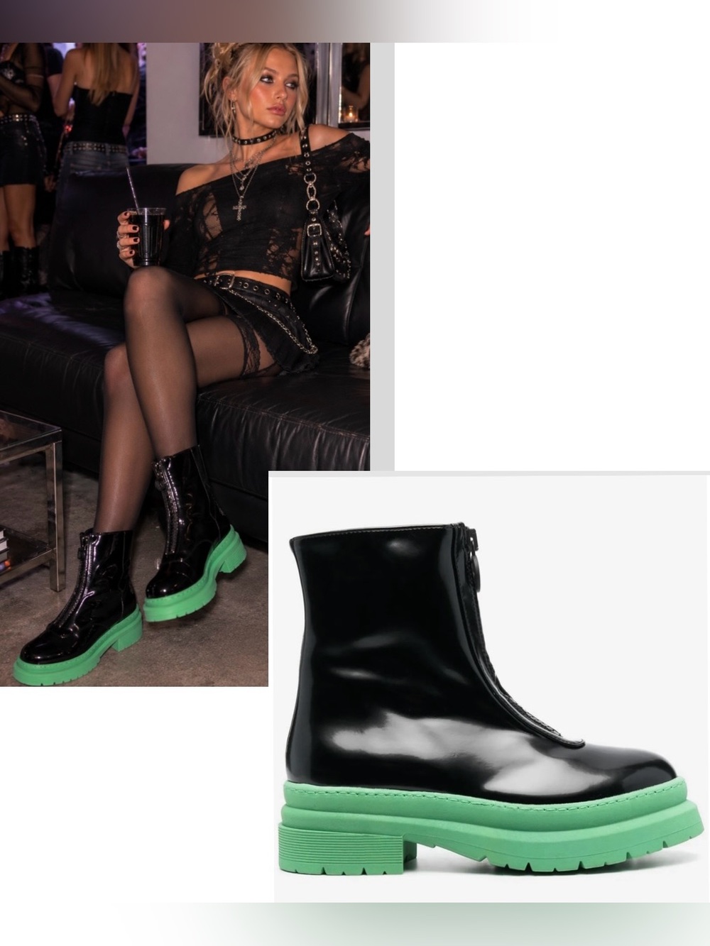 Chiara Ferragni Chunky Boots 37 6.5 7 Black Green Patent Platform Goth Designer